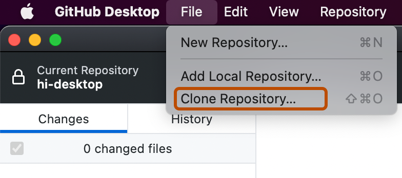 Mac のメニュー バーのスクリーンショット。 [ファイル] ドロップダウン メニューが展開され、[リポジトリのクローン] オプションがオレンジ色の枠線で強調表示されています。