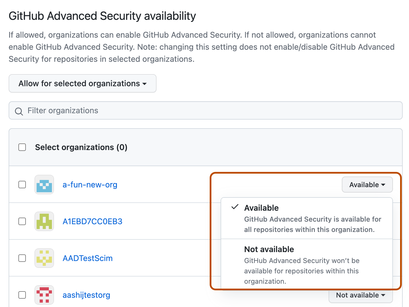 Captura de tela das políticas do Advanced Security. A lista suspensa para selecionar uma política de Advanced Security para uma organização individual na conta empresarial está realçada com um contorno laranja.