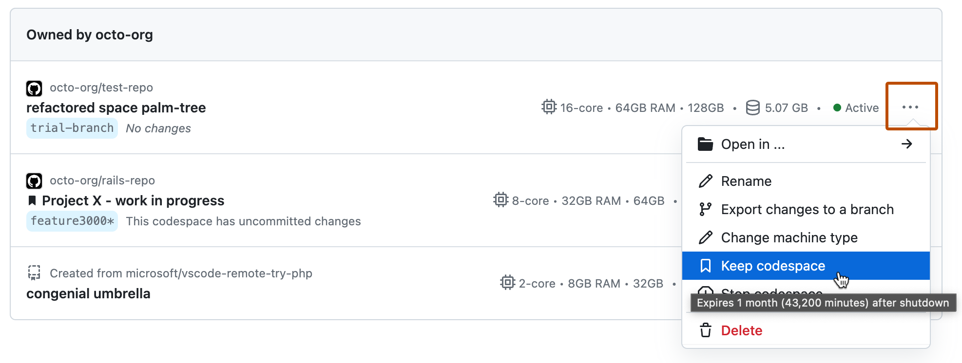 アクティブな codespace のドロップダウン メニューのスクリーンショット。 [codespace を保持する] オプションには、"シャットダウン後 10 日で有効期限が切れます" というヒントが表示されています。