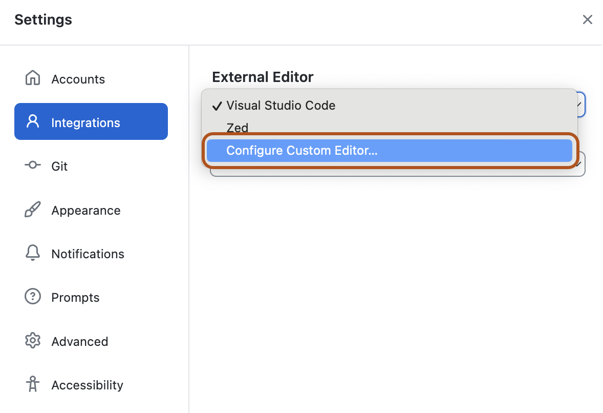 Screenshot of the "Preferences window. Under "External Editor", the dropdown menu is displayed with "Configure Custom Editor" highlighted in blue and outlined in orange.