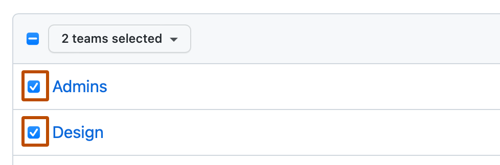 Screenshot of the first two teams in the list of teams. To the left of each team, a checkbox is checked and outlined in dark orange.