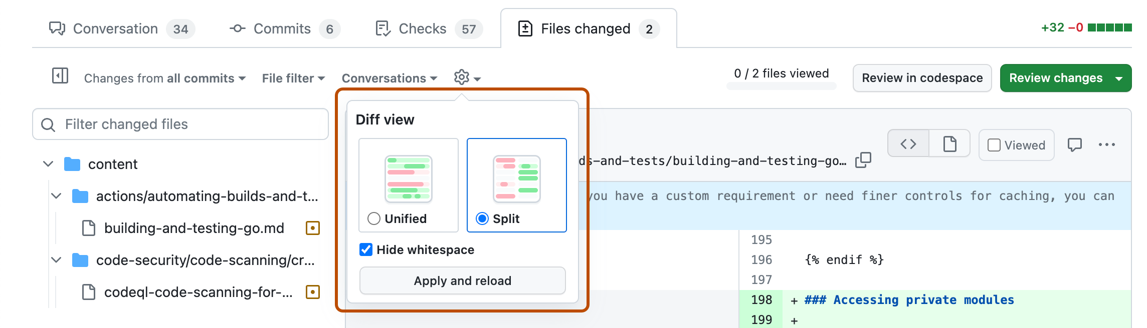 Screenshot: Registerkarte „Geänderte Dateien“ für einen Pull Request. Das Menü „Vergleichsansicht“ ist dunkelorange umrandet.