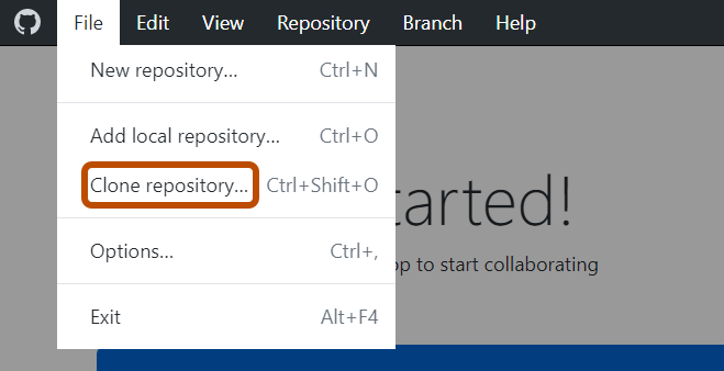 Screenshot der Menüleiste „GitHub Desktop“ unter Windows. Das Dropdownmenü „File“ ist erweitert, und die Option „Clone Repository“ ist orange umrandet.