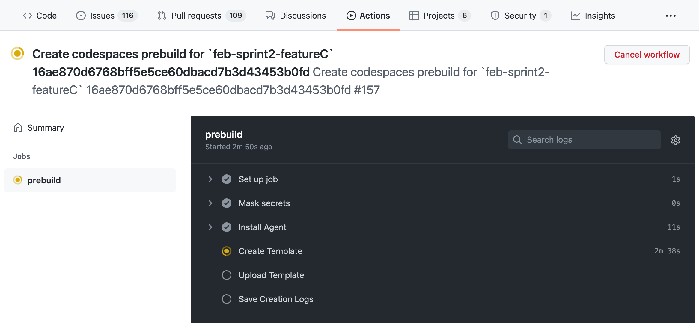 Screenshot of the prebuild workflow output in the "Actions" tab of GitHub.