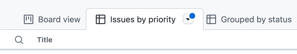 [優先度別の issue] というラベルの付いたビューのタブのスクリーンショット。 ビューの名前の横にあるドロップダウン アイコンが青色のドットでマークされています。