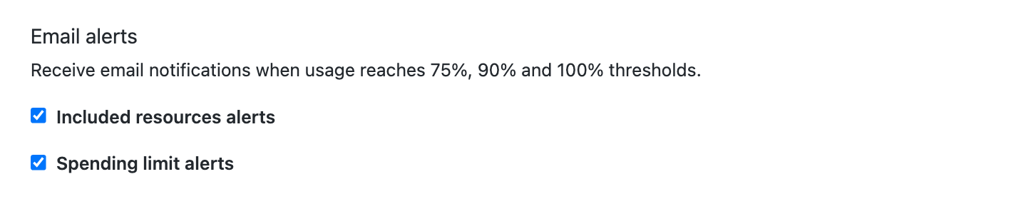 Screenshot of the "Email alerts" settings. The options "Included resources alerts" and "Spending limit alerts" are both selected.