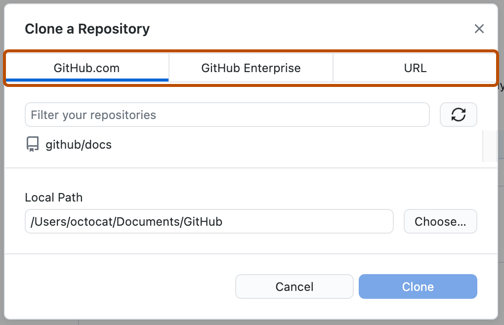 Guias Location (Local) no menu Clone a repository (Clonar um repositório)