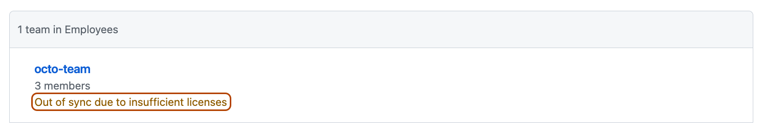 Screenshot of the IdP group page. A warning that a team is out of sync due to insufficient licenses is outlined in dark orange.