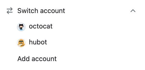 Captura de tela do menu "Alternar conta" com três opções, "octocat", "hubot" e "Adicionar conta".