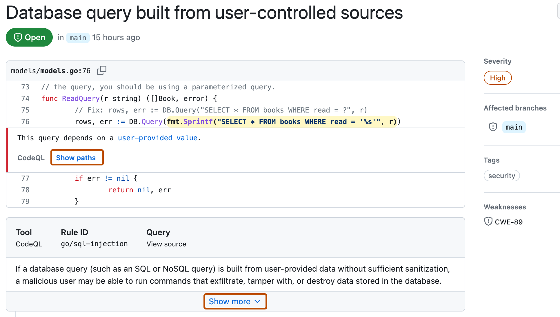 code scanning 警报的屏幕截图。 “显示路径”链接以深橙色轮廓突出显示。 还突出显示了下一步中所述的“显示更多”链接。