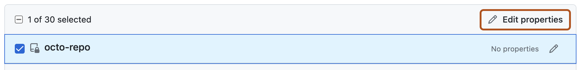 Obtenha uma captura de tela da página para definir valores para repositórios. Um botão rotulado com um ícone de lápis e "Editar propriedades" é destacado com um contorno laranja.