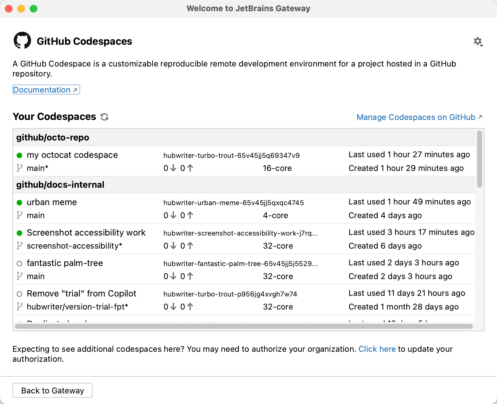 Capture d’écran de la liste « Vos codespaces » dans JetBrains Gateway.