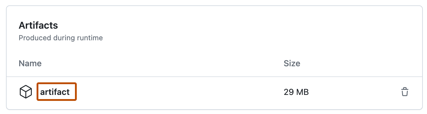 Captura de pantalla de la sección "Artefactos" de una ejecución de flujo de trabajo. El nombre de un artefacto generado por la ejecución, "artefacto", se resalta con un contorno naranja oscuro.