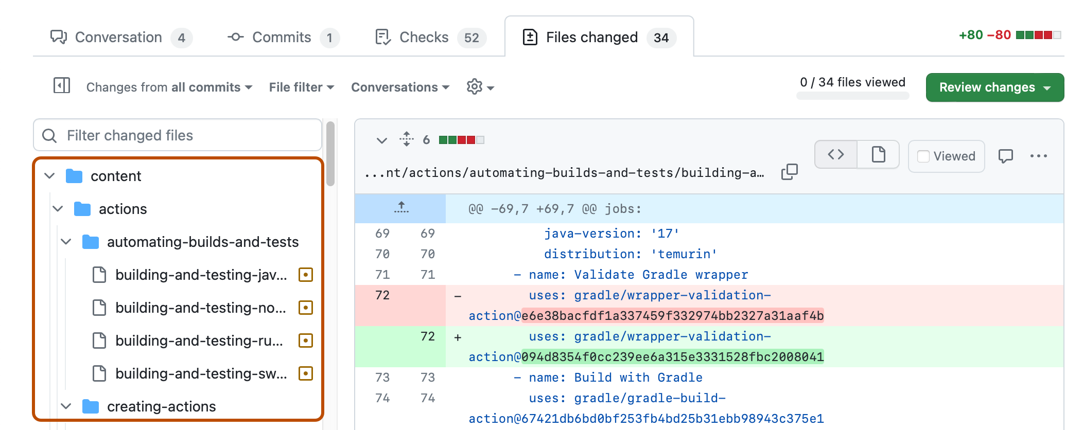 Screenshot: Registerkarte „Geänderte Dateien“ eines Pull Requests. Auf der rechten Seitenleiste ist die Dateistruktur dunkelorange umrandet.