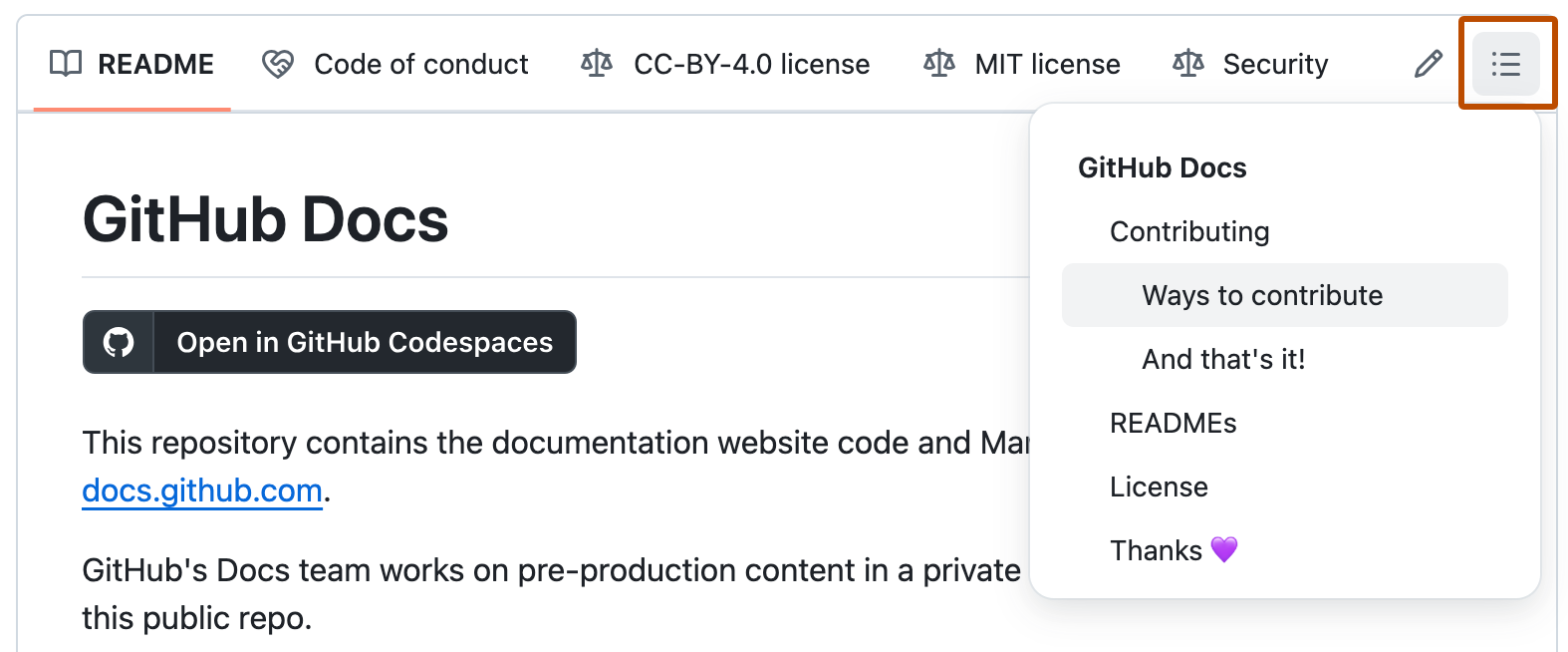 Captura de tela do arquivo LEIAME no repositório de código aberto do GitHub Docs com o menu suspenso do sumário exposto. O ícone do sumário tem o contorno em laranja escuro.