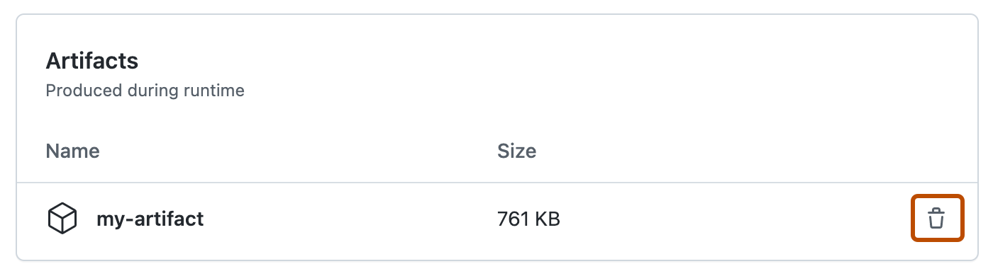 Capture d’écran montrant les artefacts créés pendant l’exécution d’un workflow. Une icône de corbeille, utilisée pour supprimer un artefact, est entourée d’un encadré orange foncé.