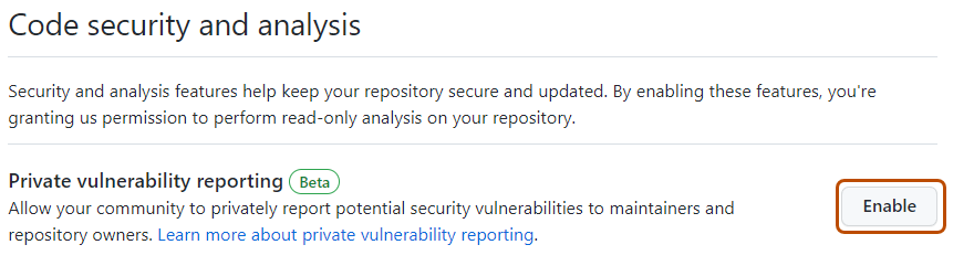 Screenshot der Seite „Codesicherheit und -analyse“ mit der Einstellung „Private Sicherheitsrisikoberichte“. Die Schaltfläche „Aktivieren“ ist dunkelorange umrandet.