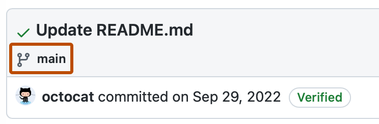 提交摘要的屏幕截图。 分支图标和“主”以橙色边框突出显示。