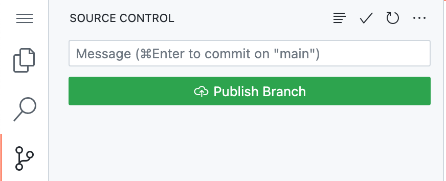 Screenshot: Seitenleiste „Quellcodeverwaltung“ mit Anzeige der Schaltfläche „Branch veröffentlichen“.