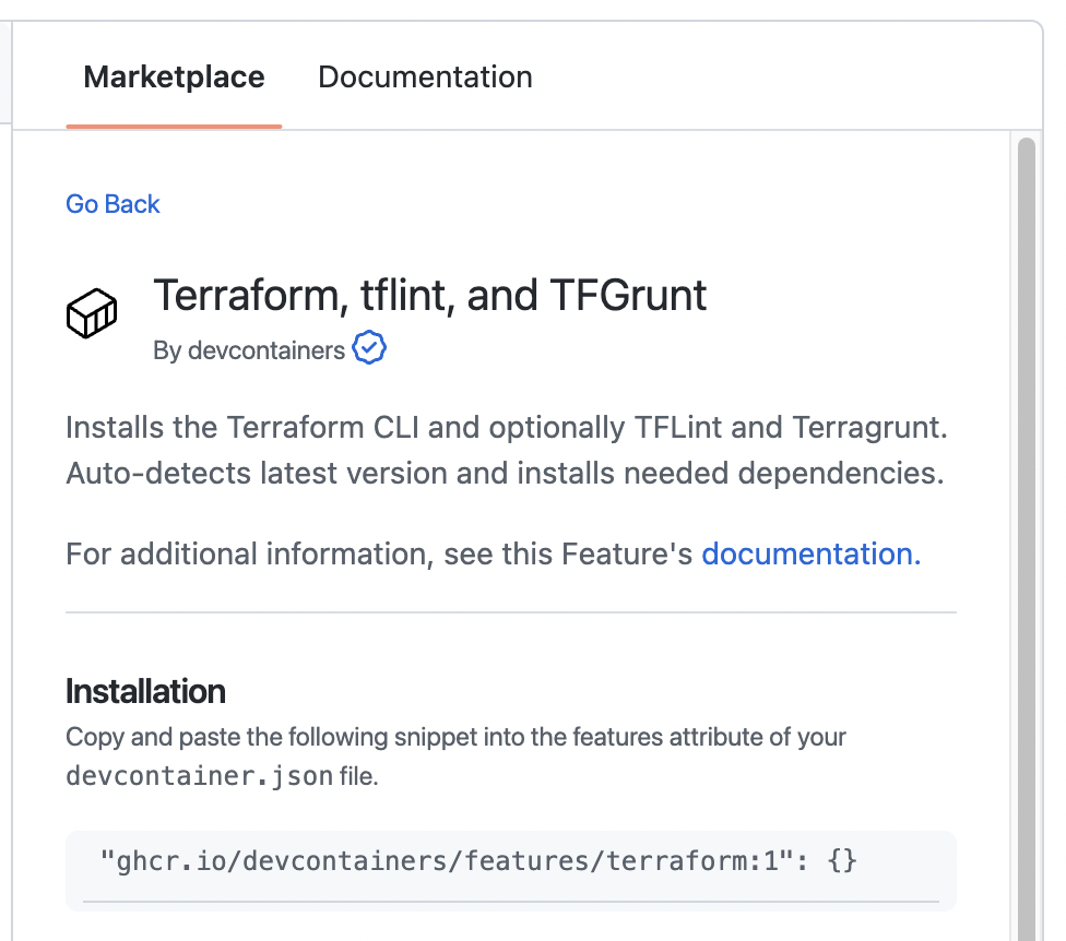 Screenshot der Registerkarte „Marketplace“ mit dem Installationscodeschnipsel für Terraform.