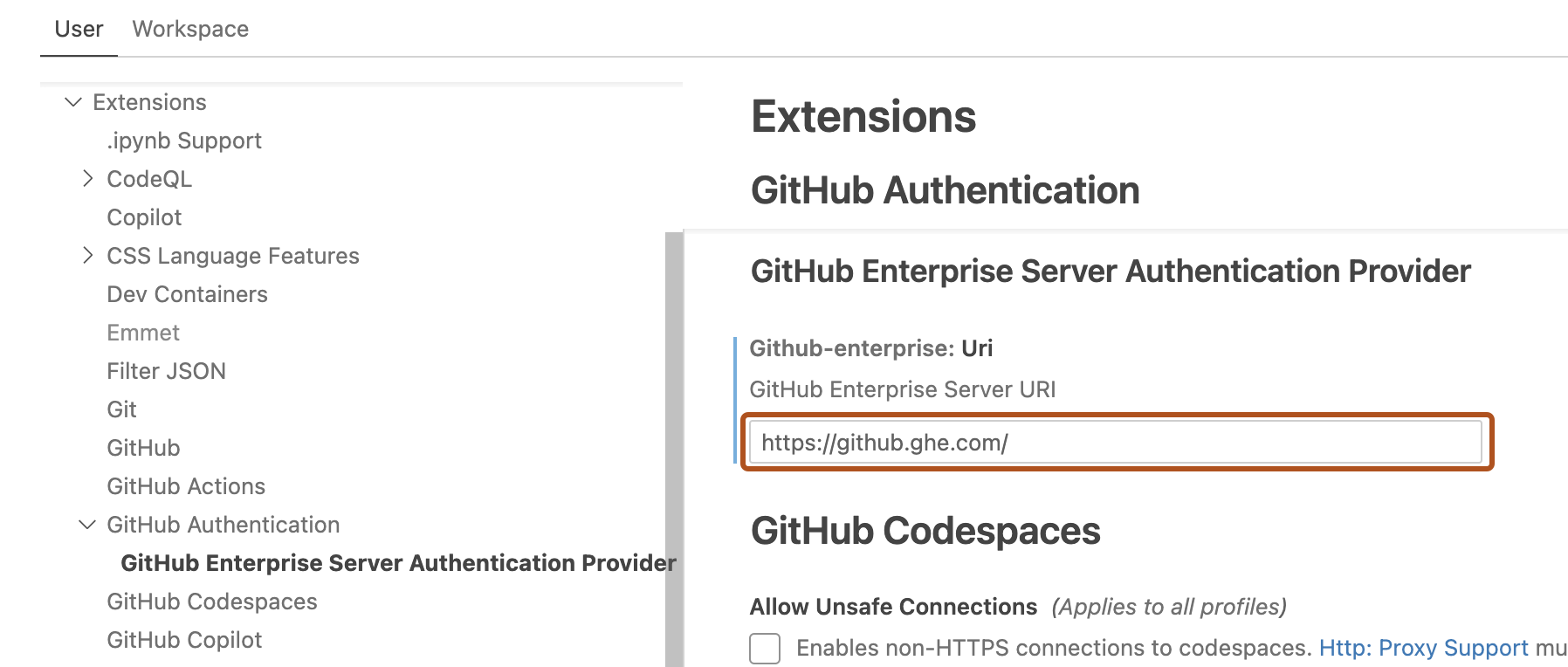 Screenshot of the "Extensions" settings for "GitHub Authentication" the URI field is outlined in dark orange.