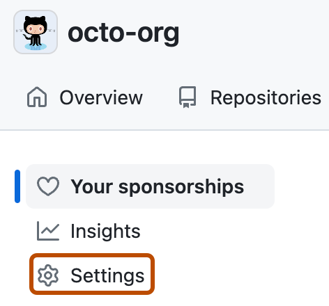 @octo-org에 대한 스폰서쉽 개요 페이지의 스크린샷. "설정"라는 레이블이 있는 사이드바 탭이 진한 주황색 윤곽선으로 표시되어 있습니다.