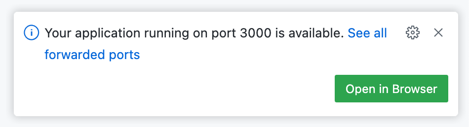 该屏幕截图显示了弹出消息：“在端口 3000 上运行的应用程序现已可用。” 消息下面是一个绿色按钮，标记为“在浏览器中打开”。
