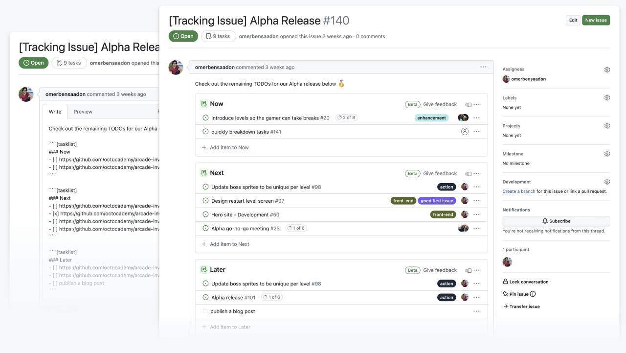 Two views of the same issue. In one, the body is being edited to include the Markdown for tasklists. In the other, the body includes rendered tasklists.