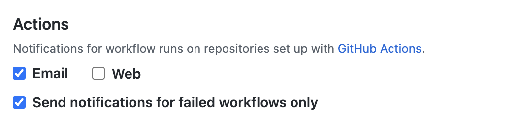 Capture d’écran de la section « Actions » dans la page « Paramètres de notification ». Trois cases à cocher, intitulées « E-mail », « Web » et « Envoyer des notifications pour les workflows ayant échoué uniquement », s’affichent.
