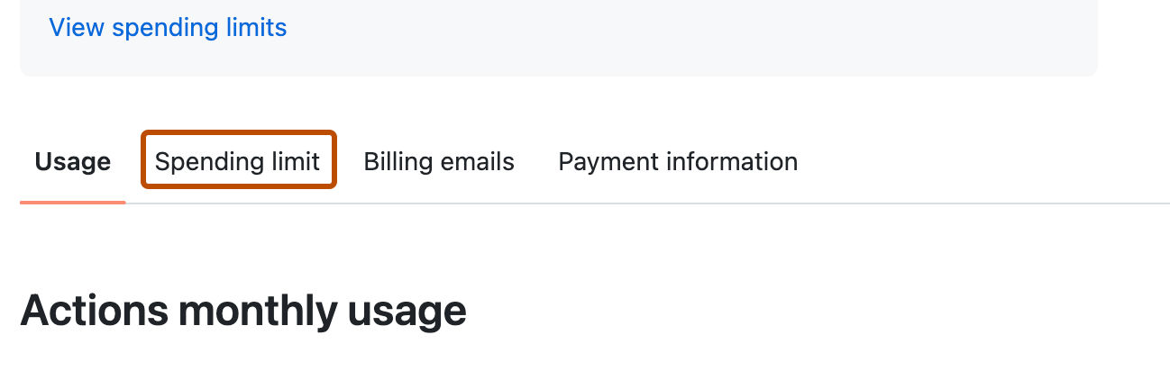 Screenshot of the "Billing" page. A tab labeled "Spending limit" is highlighted with an orange outline.