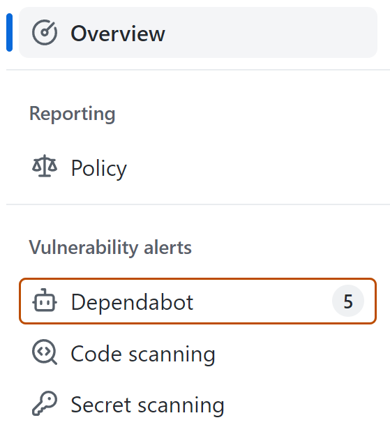  Capture d’écran de la vue d’ensemble de la sécurité, avec l’onglet « Dependabot » mis en évidence avec un contour orange foncé.