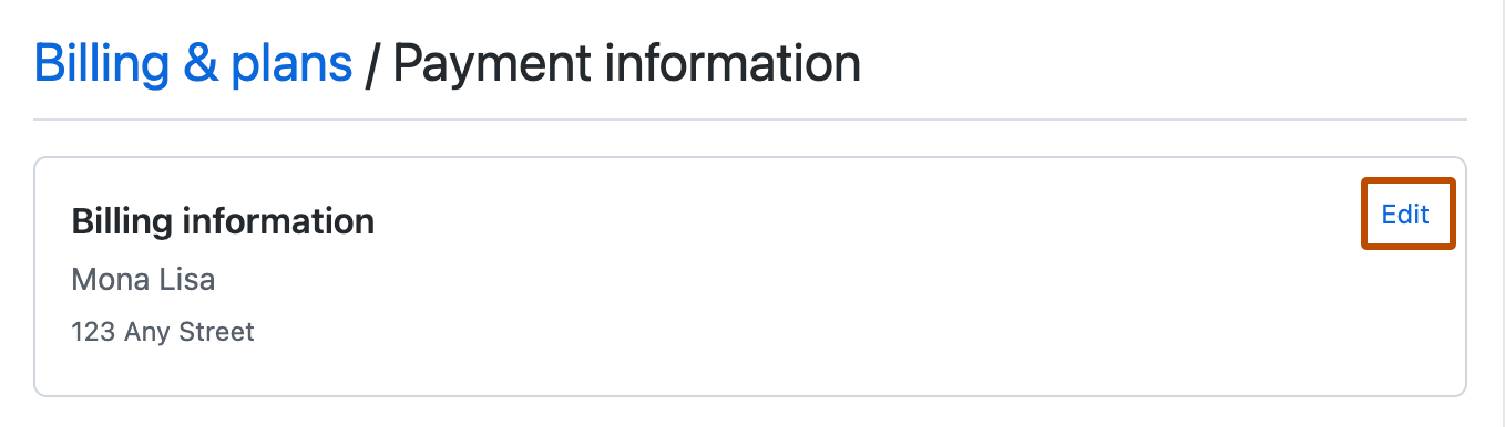 “付款信息”部分的屏幕截图。 在“账单信息”旁边，标有“编辑”的链接以橙色轮廓突出显示。