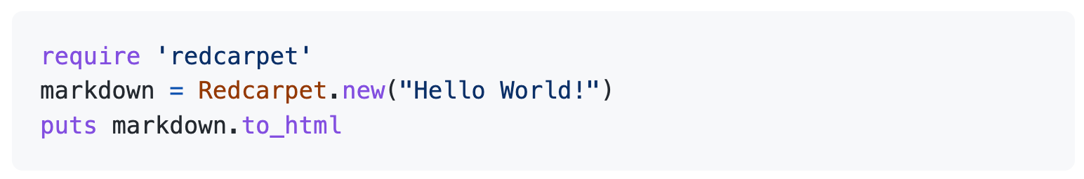 GitHub に表示された 3 行の Ruby コードのスクリーンショット。 コードの要素が紫、青、赤の文字で表示され、読み取りやすくなっています。