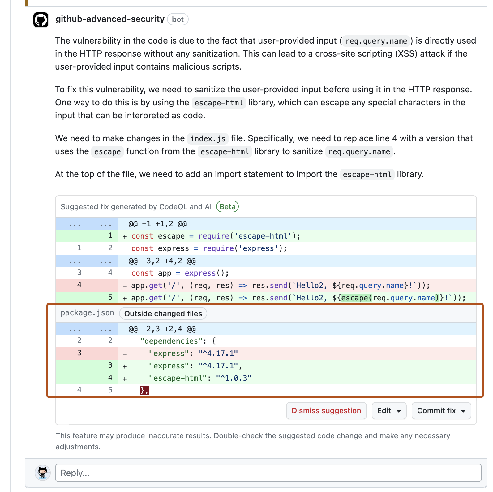 Captura de tela da sugestão do Copilot Autofix com explicação e alteração no arquivo atual. Uma mudança sugerida em "package.json" é contornada em laranja escuro.