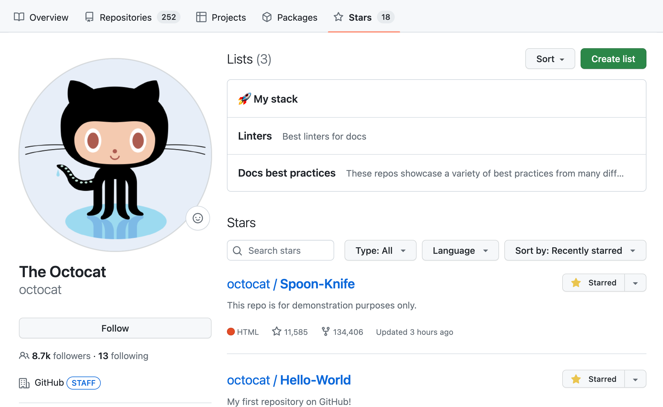 Octocat のプロファイルの [Star] タブのスクリーンショット。 2 つの名前付きの Star のリストが表示されています。