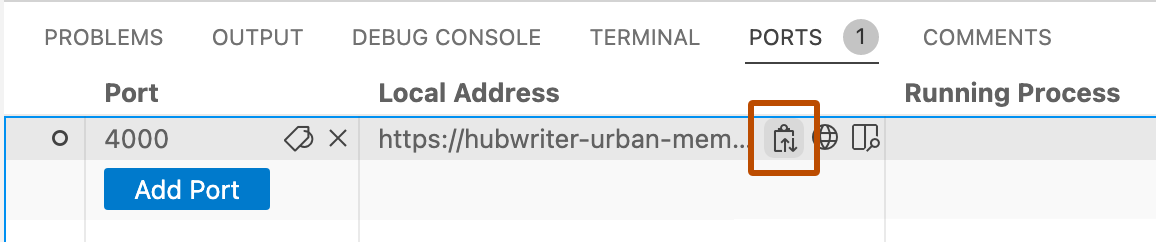 "포트" 패널의 스크린샷. 전달된 포트의 URL을 복사하는 복사 아이콘은 주황색 윤곽선으로 강조 표시됩니다.