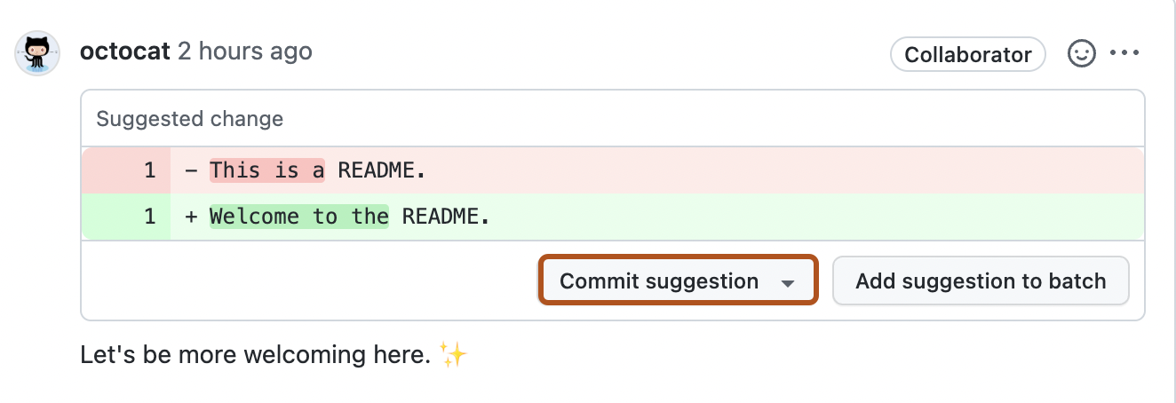 Botão Commit suggestion (Fazer commit de sugestão)