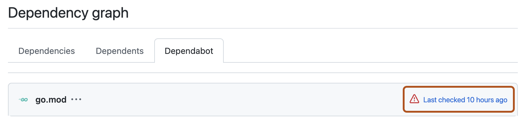 Screenshot der Ansicht für Dependabot. Ein Warnungssymbol und ein Link mit dem Titel „Zuletzt überprüft vor 10 Stunden“ sind mit einer orangefarbenen Kontur hervorgehoben.