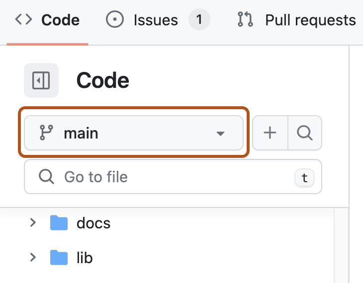 Screenshot of the file tree view for a repository. A dropdown menu for branches is outlined in dark orange.