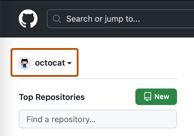 Captura de tela da página do painel de um usuário. No canto superior esquerdo, há um menu suspenso, rotulado com "octocat" e uma seta para baixo com um contorno laranja escuro.