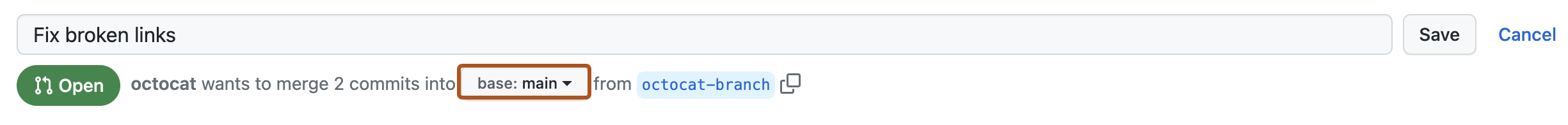 Screenshot: Titel eines Pull Requests. Das Dropdownmenü zum Ändern des Basisbranchs ist dunkelorange umrandet.