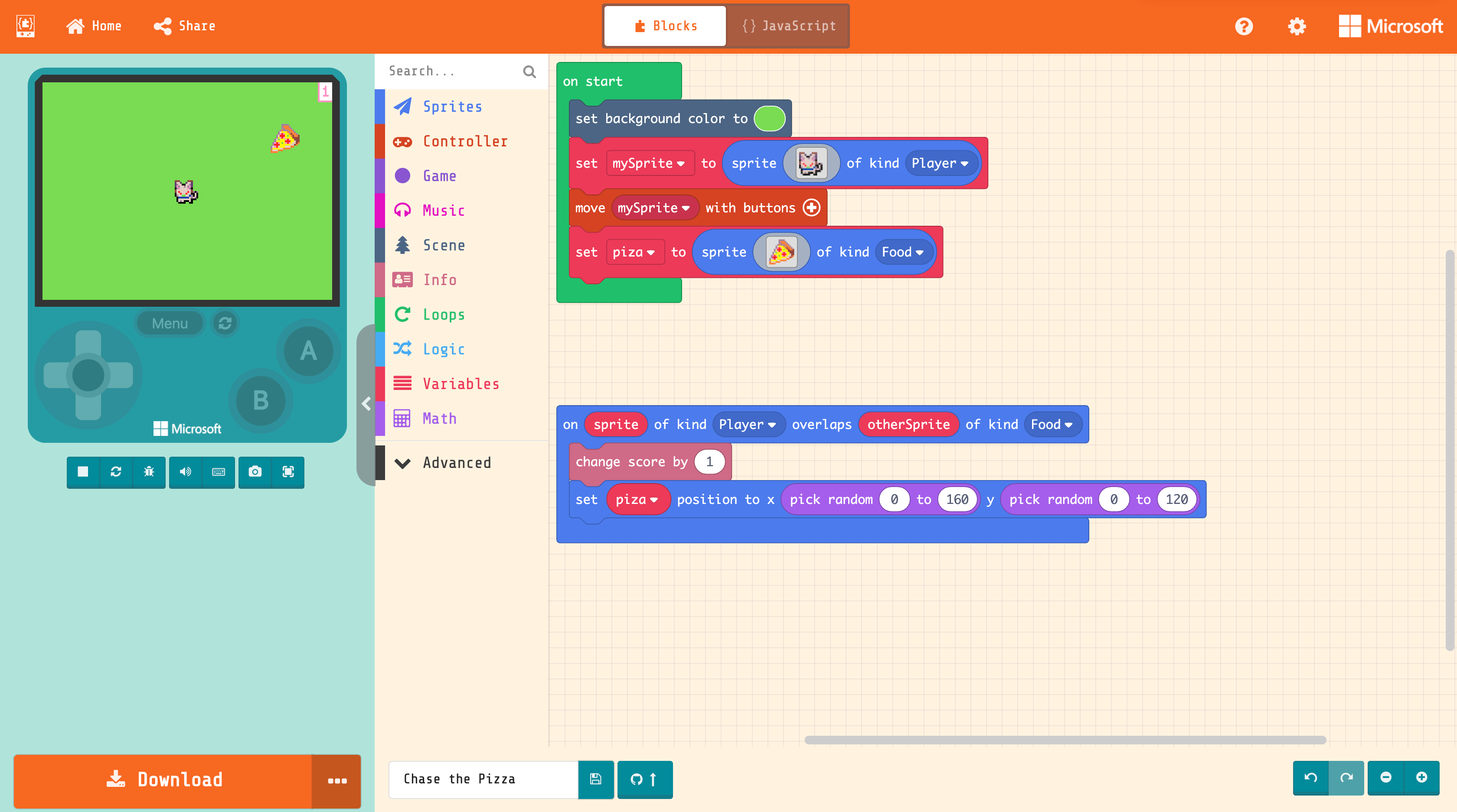 Screenshot of the MakeCode Arcade window. At the bottom of the window, a button is labelled with the Octocat logo and an upwards-facing arrow.