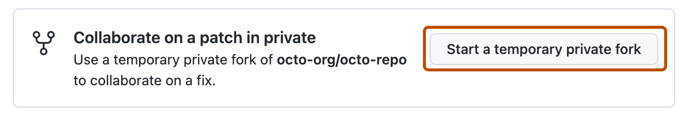 Screenshot des Bereichs „Privat an einem Patch zusammenarbeiten“ des Formulars. Eine Schaltfläche „Mit temporärem privatem Fork beginnen“ ist dunkel orange umrandet.