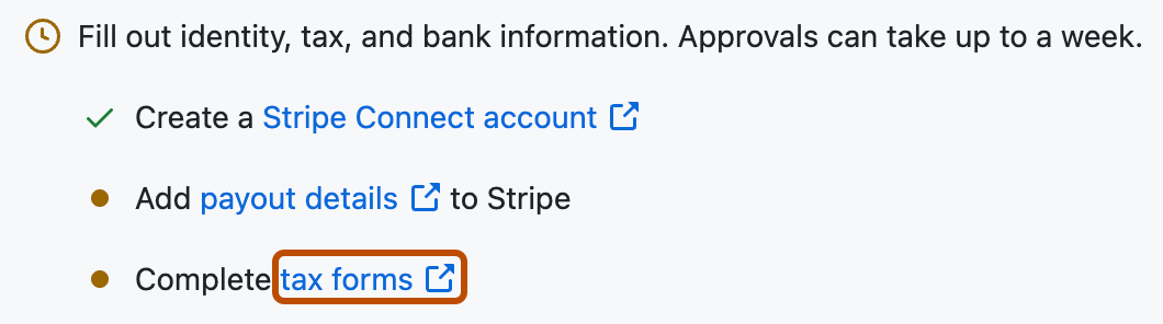 Captura de pantalla del panel GitHub Sponsors. Está resaltado en naranja oscuro un vínculo con la etiqueta "tax forms".