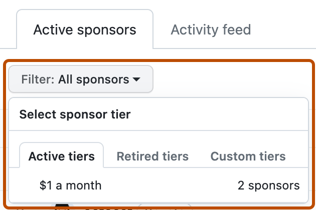 GitHub Sponsors 대시보드의 스크린샷. "필터: 모든 스폰서"라는 레이블이 있는 확장된 드롭다운 메뉴가 진한 주황색 윤곽선으로 표시되어 있습니다.