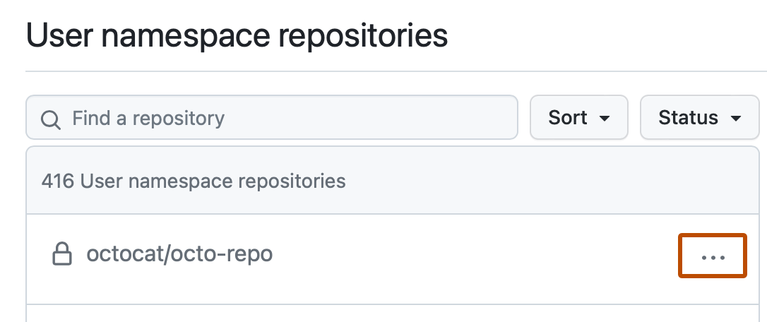 Captura de tela da lista de repositórios de namespace do usuário. À direita de um repositório, há um ícone de kebab com um contorno laranja escuro.