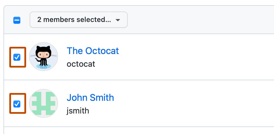 Capture d’écran des deux premiers utilisateurs d’une liste de membres de l’organisation. À gauche de chaque membre, une case est cochée et entourée d’un encadré orange foncé.