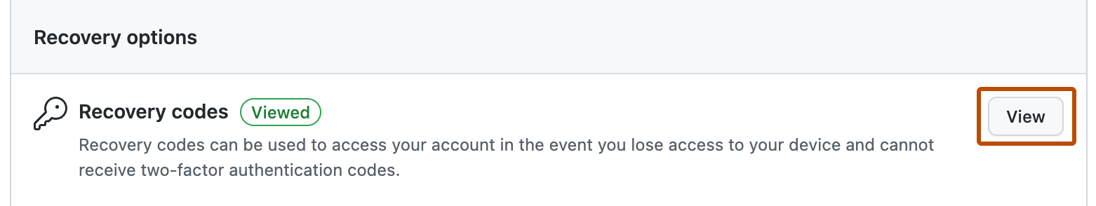 Captura de pantalla de las opciones de recuperación en la configuración de 2FA. Un botón gris con la etiqueta "Ver" aparece con un contorno naranja.