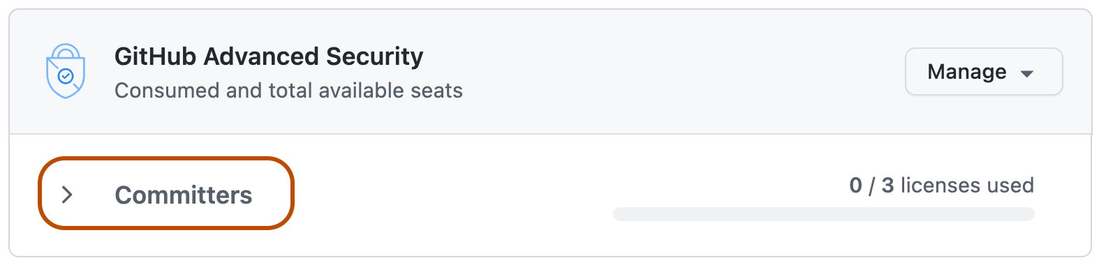 Capture d’écran de l’écran de licences GitHub Advanced Security. La liste déroulante « Commiters » est mise en surbrillance avec une ligne orange.