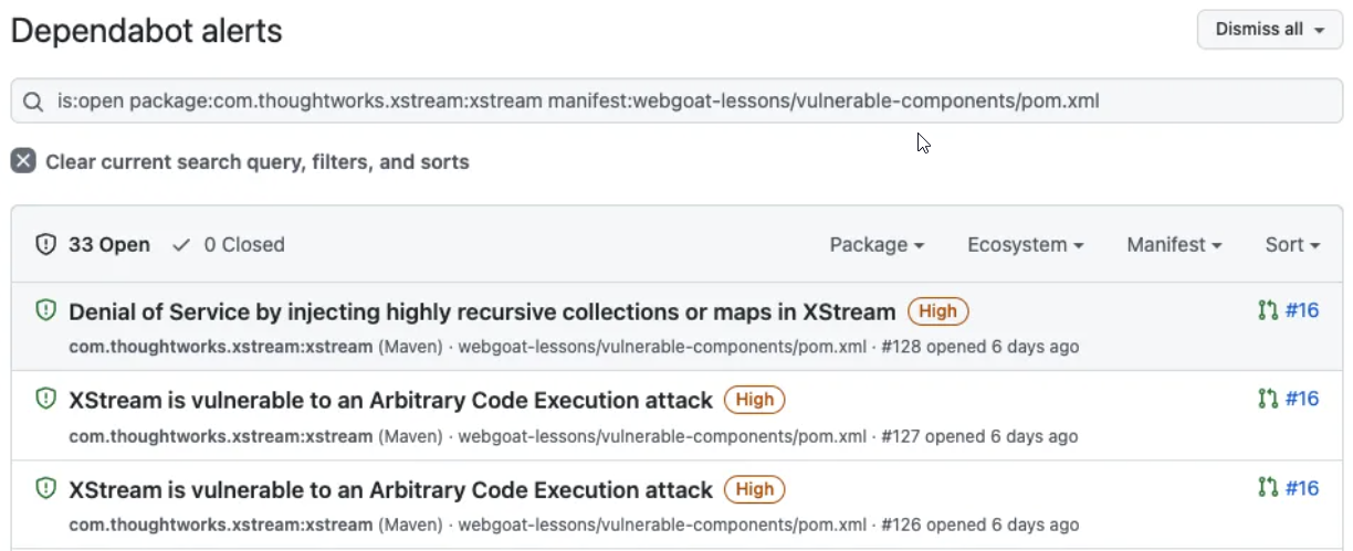 Снимок экрана: вкладка Dependabot alerts с отфильтрованными оповещениями, которая открывается при переходе из старого оповещения Dependabot.